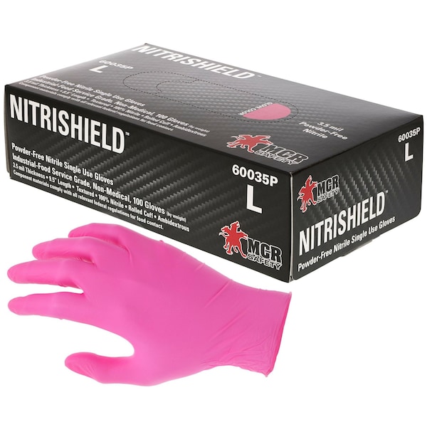 Mcr Safety NitriShield, Disposable Gloves, 3.5 mil Palm, Nitrile, Powder-Free, 2XL, 1000 PK, Pink 60035PXXL - main